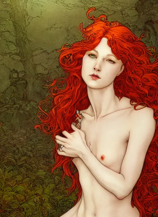 Prompt: dramatic ethereal full length illustration of a beautiful red hair woman in the art style of Eric Fortune and Rebecca Guay, not realistic, sharp focus, 8k high definition, insanely detailed, intricate, elegant