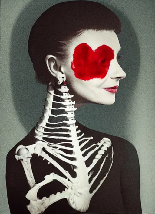 Image similar to a audrey hepburn face in profile made of blood skeleton in the style of the dutch masters and gregory crewdson dark and moody