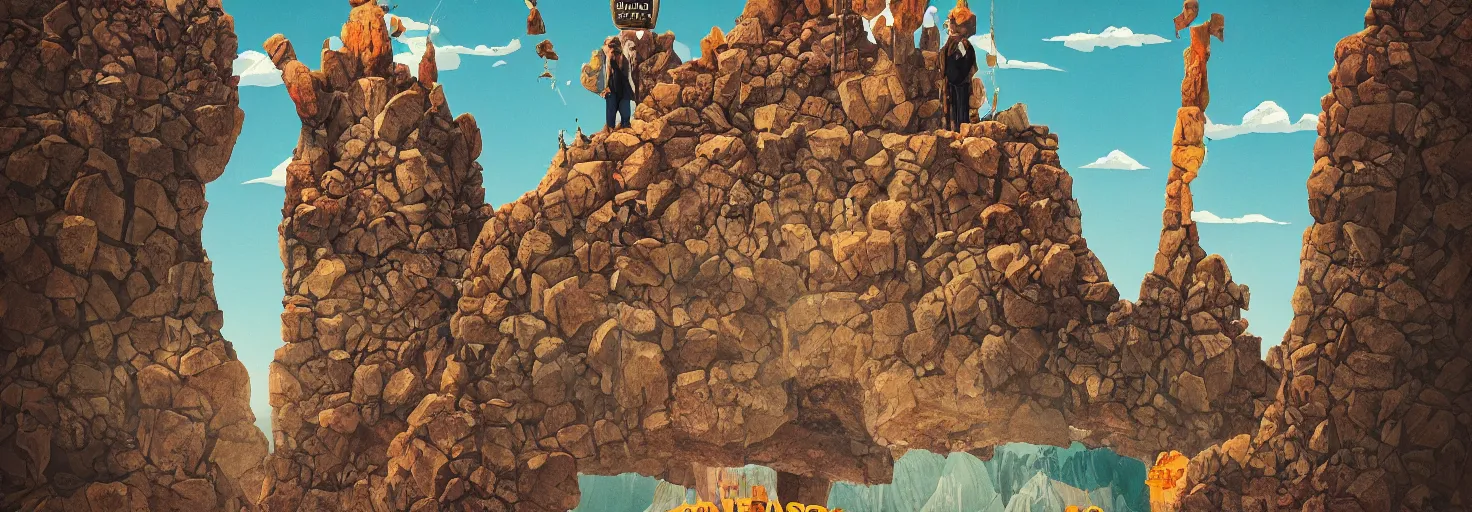 Image similar to a small figure looks up at a giant ancient stone burger mountain range, Wes Anderson, Poster, megalophobia, digital art, striking, dramatic, cinematography, brightly lit, masterpiece