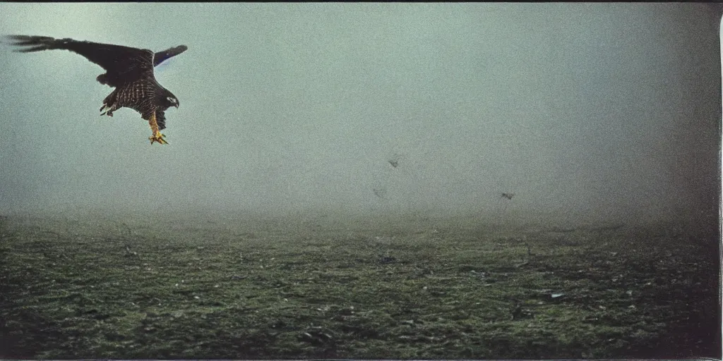 Image similar to detailed medium format photo, polaroid still from tarkovsky movie, a falcon escapes the falconer, haze, high production value, intricate details, 8 k resolution, hyperrealistic, hdr, photorealistic, high definition, tehnicolor, award - winning photography, masterpiece, amazing colors