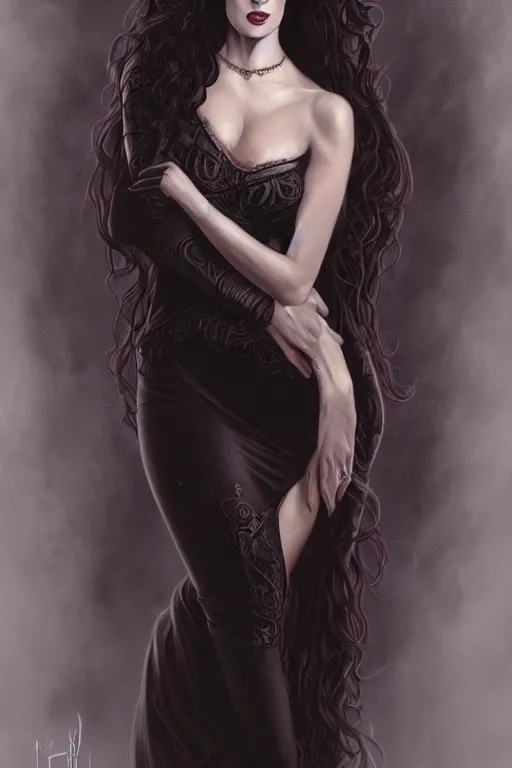 Image similar to ultra realistic illustration, deanna troi as morticia addams from baldurs gate and diablo, intricate, elegant, highly detailed, digital painting, artstation, concept art, smooth, sharp focus, illustration, art by artgerm and greg rutkowski and alphonse mucha