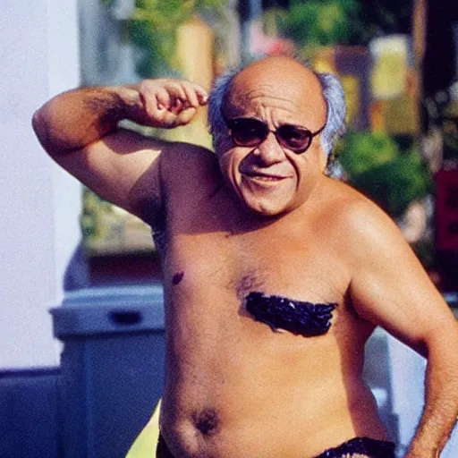 Image similar to danny devito wearing a bikini in the style of anime