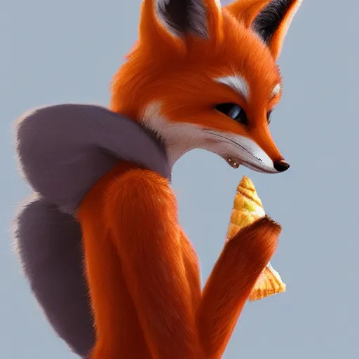 Prompt: furry art of female fox walking down the street holding an icecream cone, digital art, artstation, 4K, detailed, detailed fur, wearing grey hoodie, zootopia, detailed face, anthromorphic,