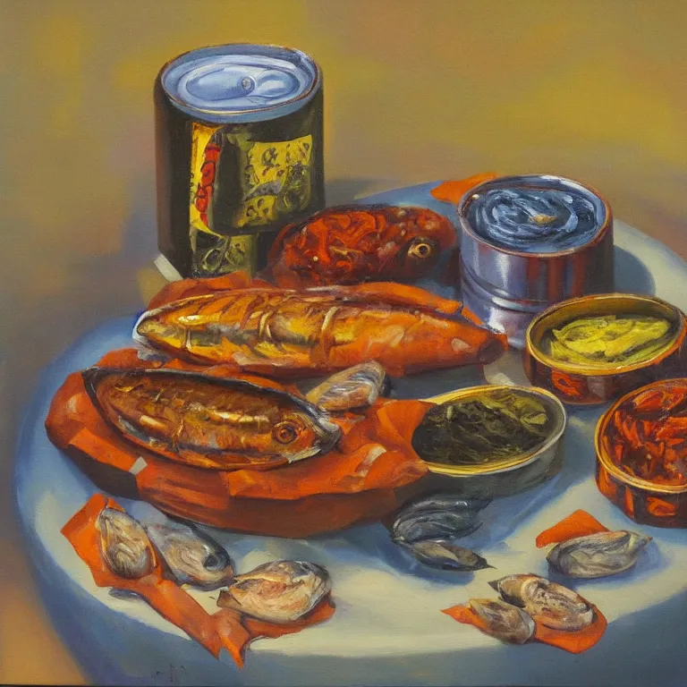 Prompt: a surreal still life light oil painting of a can of sardines ona table by libby haines