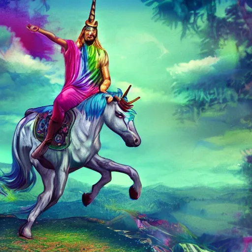 Image similar to pewdiepie riding a unicorn, pointing in the right direction, wearing a crown, green paradise landscape, vivid colors, pastelle, digital art, trending on artstation