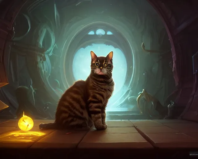 Image similar to a 4 k cinematic screenshot still portrait of a cat in a dark liminal space room surrounded by amber glow, deep focus, d & d, fantasy, intricate, elegant, highly detailed, digital painting, art station, concept art, matte, sharp focus, illustration, dark fantasy style art, hearthstone, art by artgerm and greg rutkowski and alphonse mucha