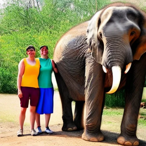 Prompt: a couple of people standing next to an elephant