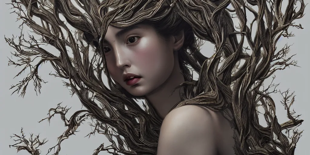 Prompt: breathtaking detailed concept art painting art deco portrait of young ana de armas amalgamation tree branches, by hsiao - ron cheng, bizarre compositions, exquisite detail, extremely moody lighting, 8 k