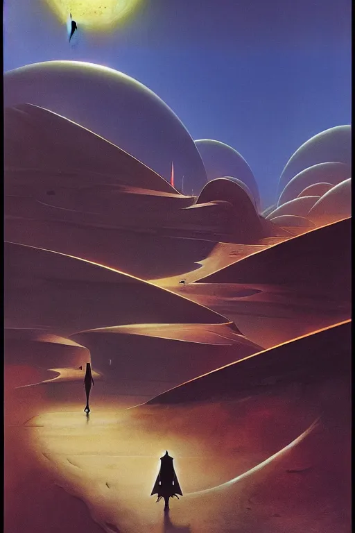 Prompt: emissary space by author haas and bruce pennington and john schoenherr, cinematic matte painting in a desert wasteland, zaha hadid building, dark color palate