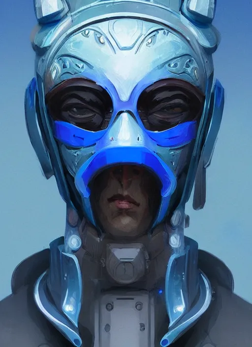 Prompt: concept art close up blue cyberpunk character with a smooth ornate mask, by shinji aramaki, by christopher balaskas, by krenz cushart