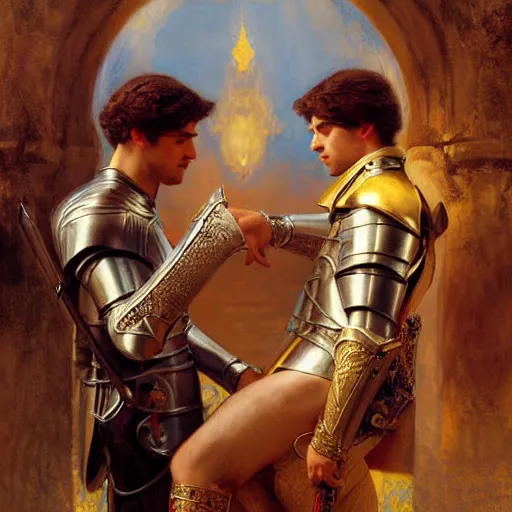 Prompt: attractive male prince fully clothed confesses his love for his attractive male knight fully clothed. highly detailed painting by gaston bussiere, craig mullins, j. c. leyendecker 8 k