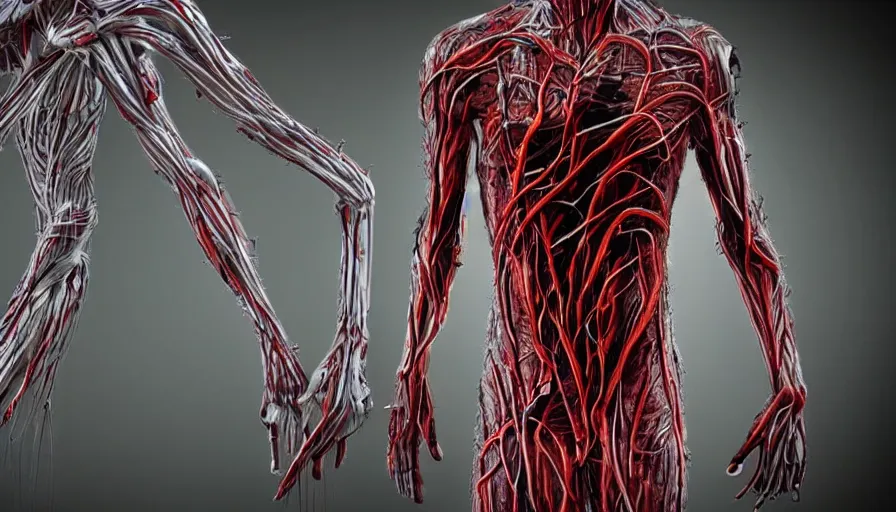 Image similar to big budget horror movie a cyborg fusing its vascular system with a human