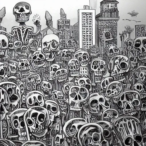 Prompt: a city of skeletons