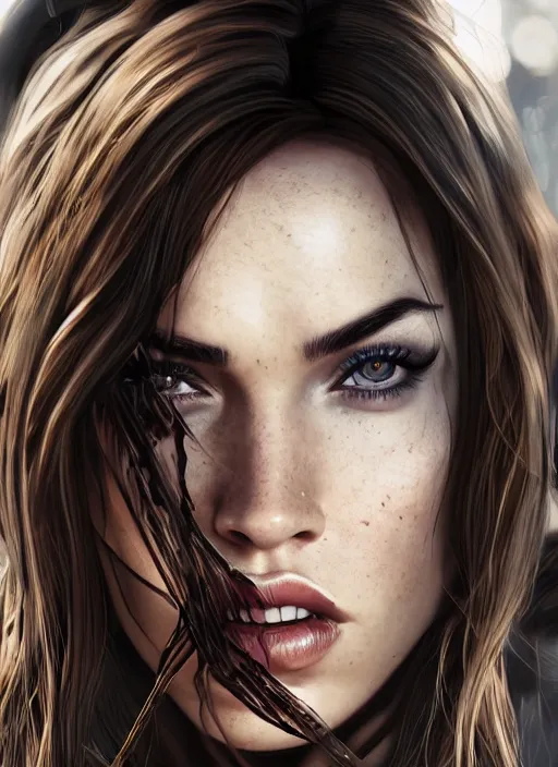 Image similar to megan fox as black widow, au naturel, hyper detailed, digital art, trending in artstation, cinematic lighting, studio quality, smooth render, unreal engine 5 rendered, octane rendered