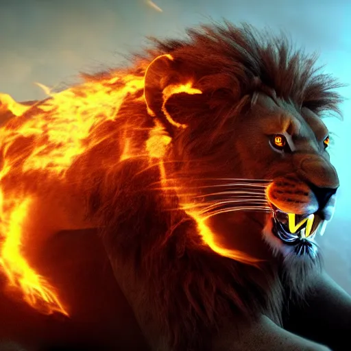 Image similar to fire lion, flaming, detail, unreal engine, cinematic