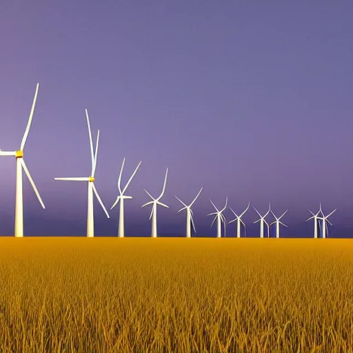 Prompt: A row of giant windmills in a field at midnight, octane render, volumetric lighting, 4K, cinematic