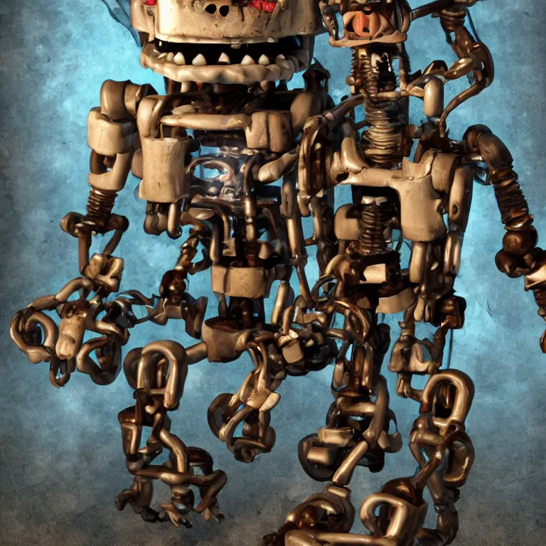 Image similar to designed by scott cawthon and chuck e cheese stylized endoskeleton for an animatronic that has been damaged and decayed, rain, dense fog, alleyway, volumetric lighting, f 8 aperture, cinematic eastman 5 3 8 4 film