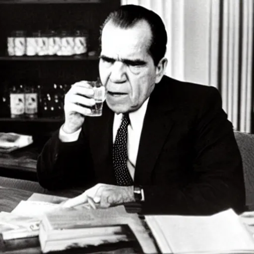Image similar to Richard Nixon drinking out of a bottle of whiskey in the oval office, photo