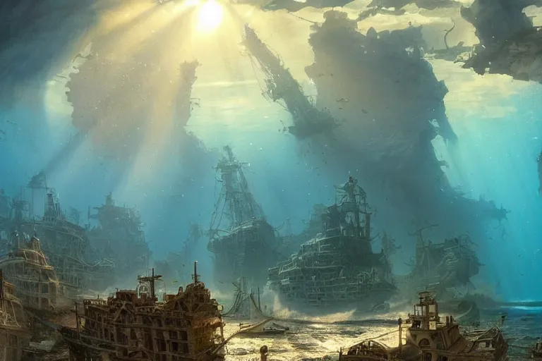 Image similar to a scenic view of the lost and abandoned city of Atlantic under water, ray of sunlight, shipwreck at the bottom of the sea, fish flocks, Greg Rutkowski, Moebius, Mohrbacher, Mucha, blue and gold color scheme, ultra wide angle, light effect