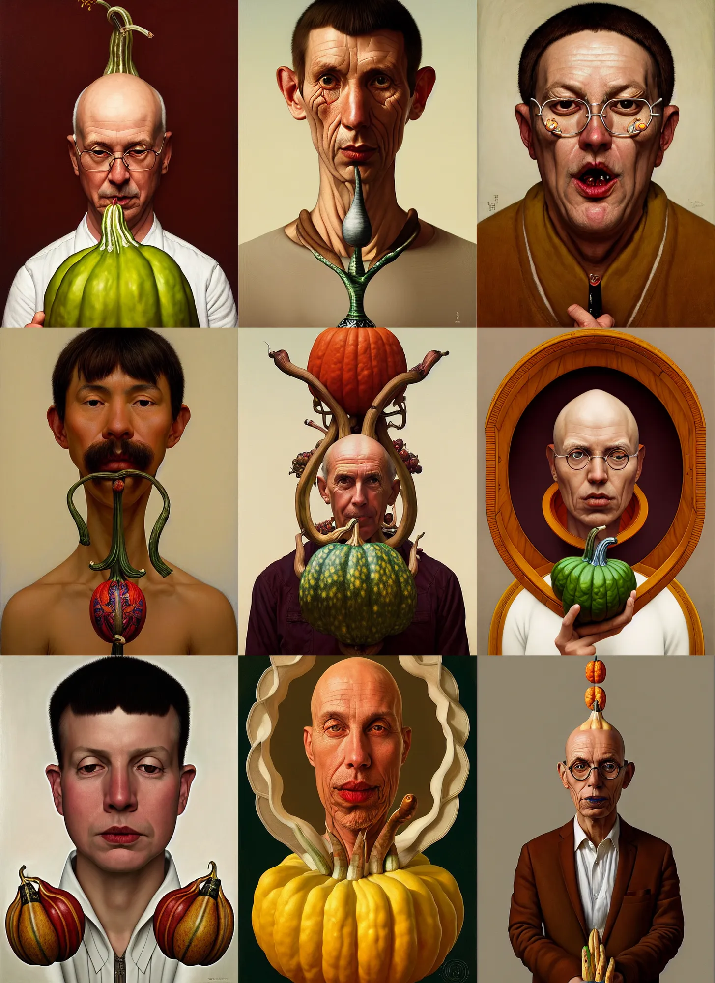 Prompt: symmetry!! rpg! portrait of a surreal gourd man on white background, intricate, highly detailed, digital painting, artstation, concept art, smooth, sharp focus, illustration, art by norman rockwell emiliano ponzi andrey remnev yoann lossel john currin aaron jasinski ivan albright hsiao - ron cheng, 8 k