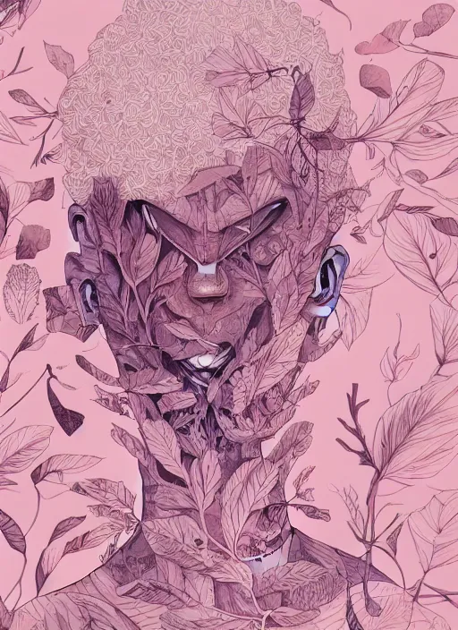 Image similar to portrait, nightmare anomalies, leaves by miyazaki, violet and pink and white palette, illustration, kenneth blom, mental alchemy, james jean, pablo amaringo, naudline pierre, contemporary art, hyper detailed