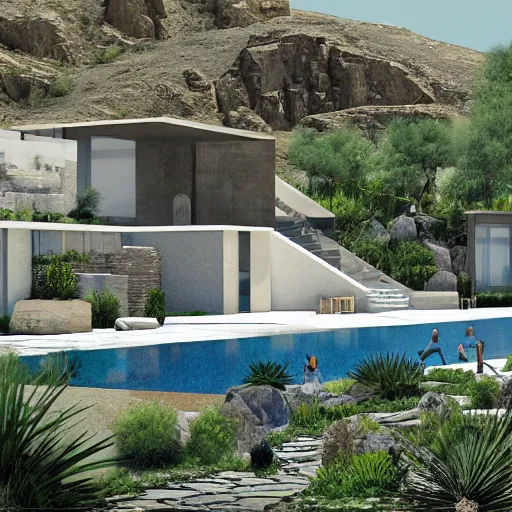 Image similar to architectural rendering of habitat 6 7 in the desert, biophilia mood, pool, garden, highly detailed, cinematic,