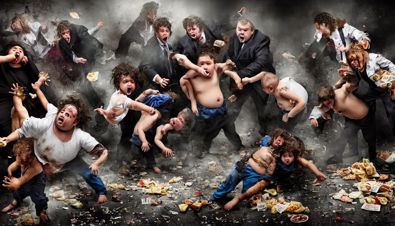 Prompt: disheveled children in rags and obese men in suits fighting in a squalid subway over piles half eaten fast food and money, hyper realistic photo, full colour, upscale, 8 k