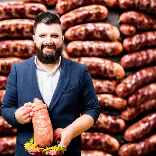 Image similar to a portrait of bogan holding a bouquet of sausages, canon eos r 3, f / 1. 4, iso 2 0 0, 1 / 1 6 0 s, 8 k, raw, unedited, symmetrical balance, in - frame