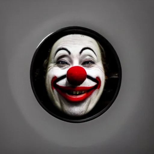 Image similar to “creepy smiling clown reflected in a broken mirror, 70mm”