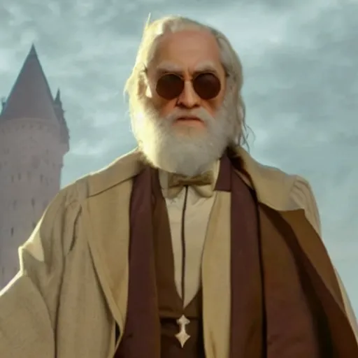 Prompt: Movie still of Albus Dumbledore in Matrix with shades