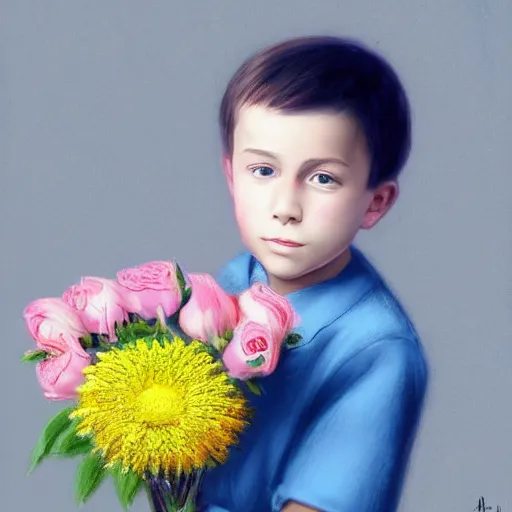 Image similar to a young boy is holding a bouquet of flowers, a pastel by bourgeois, pixabay, art & language, stockphoto, ilya kuvshinov, vray