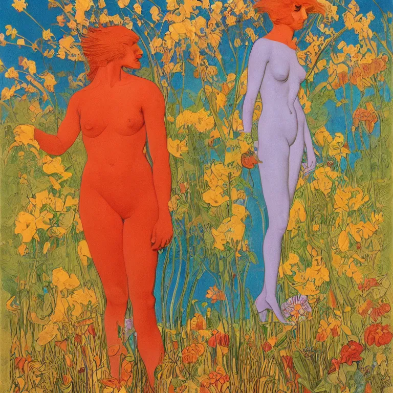 Image similar to Red-haired girl, androgynous appearance, standing in flowers, golden background Stanisław Szukalski and Roger Dean