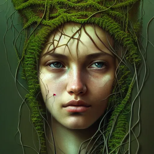 Prompt: a portrait of a girl covered in overgrown vines, face, intricate, digital painting, artstation, intricate, concept art, smooth, sharp focus, illustration, art by Zdzislaw Beksinski