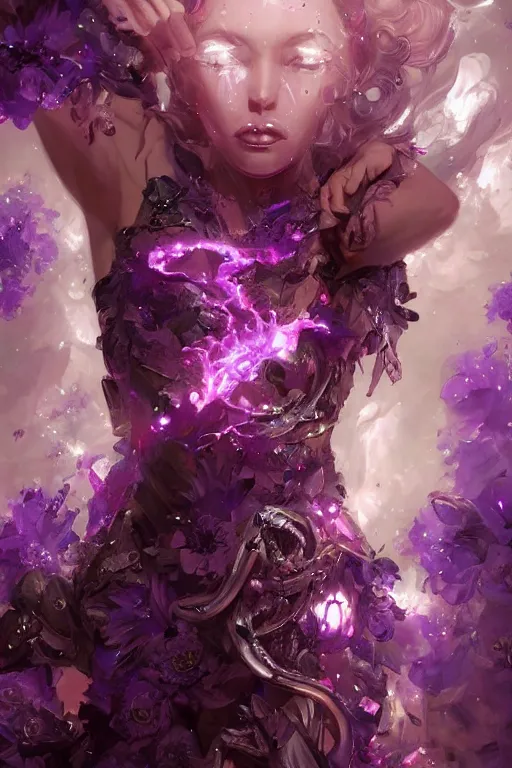 Image similar to torso closeup model wearing demonic crystal dress in purple flowers, sorcerer, diamonds, angel, fantasy, dramatic lighting, highly detailed, digital painting, holding electricity, magic the gathering, hyper detailed, 3 d render, hyper realistic detailed portrait, peter mohrbacher, wlop, ruan jia