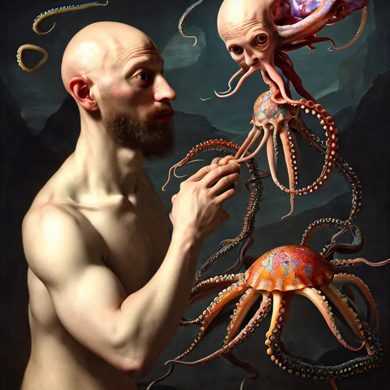 Prompt: young bald man wearing exoskeleton, standing in a shell, holding a squid, octopus, sea in the background, beautiful baroque portrait painting, psychedelic, trippy, hallucination, dream, beautiful detailed intricate insanely detailed octane render trending on Artstation, 8K artistic photography, photorealistic, chiaroscuro, Raphael, Caravaggio