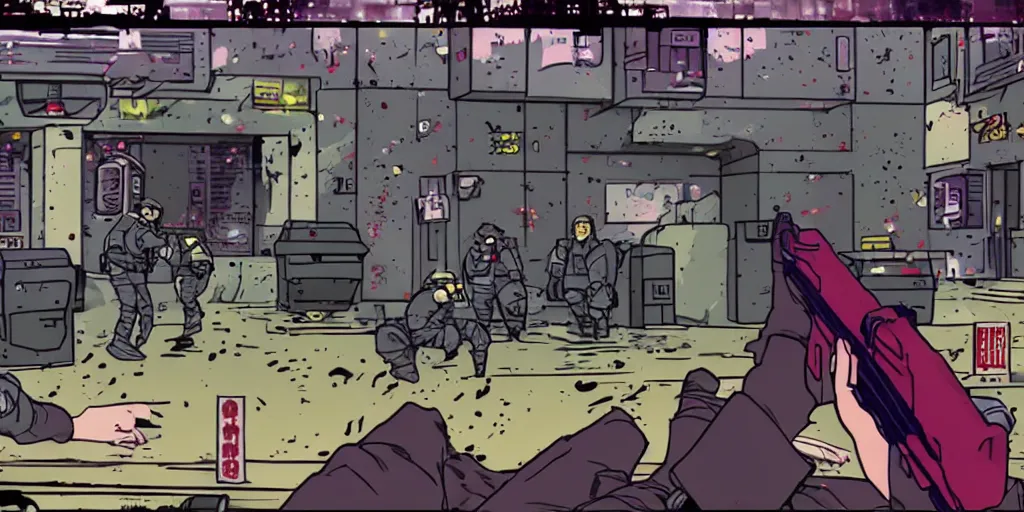 Image similar to 1991 Video Game Screenshot, Anime Neo-tokyo Cyborg bank robbers vs police, Set in Bank Vault Room, bags of money, Multiplayer set-piece, Police officers hit by bullets :9, Police Calling for back up, Bullet Holes and Blood Splatter, :3 ,Hostages, Smoke Grenades, Large Caliber Sniper Fire, Chaos, Cyberpunk, Money, Anime Bullet VFX, Machine Gun Fire, Violent Gun Action, Shootout :5 , Highly Detailed, 8k :4 by Katsuhiro Otomo + Studio Gainax : 8