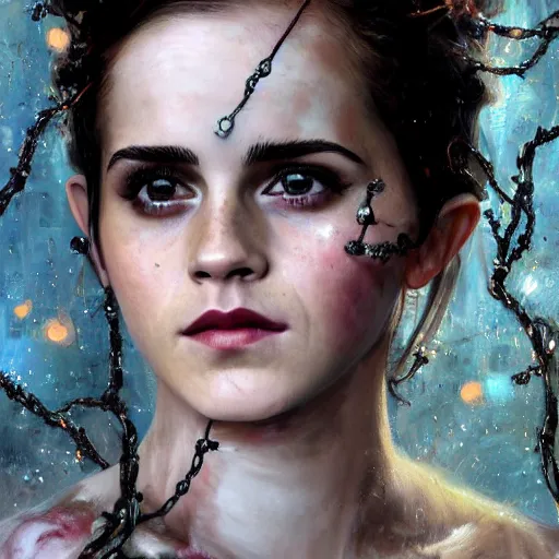 Prompt: emma watson expressive oil painting, of helena bonham carter mixed with sophia lauren, bumpy mottled skin full of blood and scars, ornate headpiece made from crystals, cables and wires, body horror, by yoshitaka amano, by greg rutkowski, by jeremyg lipkinng, by artgerm, digital art, octane render