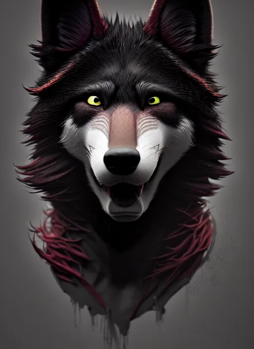 Prompt: beautiful headshot portrait of a black male anthropomorphic black wolf fursona long red hair. character design by cory loftis, fenghua zhong, ryohei hase, ismail inceoglu and ruan jia. artstation, volumetric light, highly detailed, photorealistic, fantasy, rendered in octane
