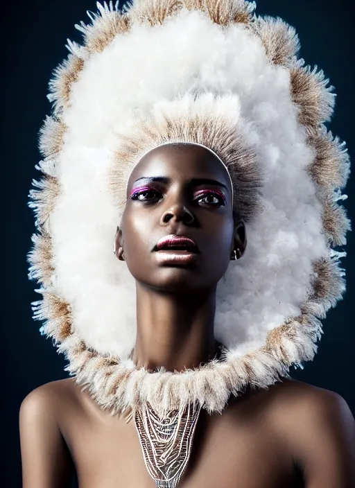 Prompt: a fierce nubile young woman with reflections in her eyes and afro hair, wearing a intricate white shaman costume, clear skin, elegant, graceful, fashionable, color photograph, cinematic, hyperdetailed illustration by irakli nadar and alexandre ferra, intricate linework, depth of field, global illumination,