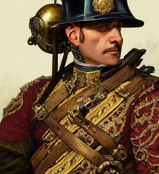 Image similar to portrait of an bavarian man wearing a traditional nineteenth century bavarian empire military uniform, metal shoulder pauldrons, intricate, highly detailed, digital painting, artstation, concept art, sharp focus, cinematic lighting, illustration, art by artgerm and greg rutkowski, alphonse mucha, cgsociety