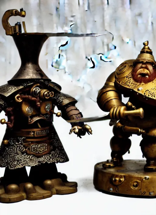 Image similar to an old dwarf musketeer and his large clockwork robot companion, golem, steampunk, ming dynasty, chinese fantasy, reasonable fantasy, realistic, detailed, tabletop rpg, ghostblade, wlop.