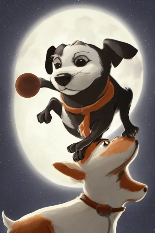 Image similar to cute jack black and white russel terrier jumping over a smiling moon, large round eyes, concept art, game art, character sheet, character design, by cory loftis and bill schwab