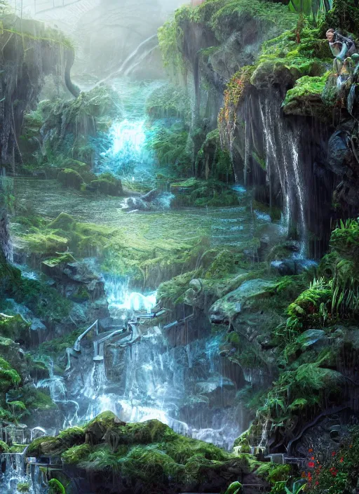 Prompt: concept art, maze made of water, deep undergound waterfalls, photo real, ultra detailed, beautiful matte painting, ultra detailed, 8 k render