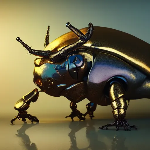 Image similar to Very high detailed rhinoceros beetle made of gold and metal standing on a carbon fiber background, big horn, robotic, nature, symmetrical, Greg Rutkowski, Charlie Bowater, Beeple, Unreal 5, hyperrealistic, dynamic lighting, fantasy art