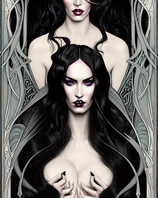 Image similar to new art nouveau portrait of fantasy succubus megan fox wearing a black gown in the style of anna dittmann, patrick nagle, charlie bowater and loish. long windblown hair, very large, clear, expressive, and intelligent eyes. symmetrical, centered, ultrasharp focus, dramatic lighting, photorealistic digital matte painting, intricate ultra detailed background.