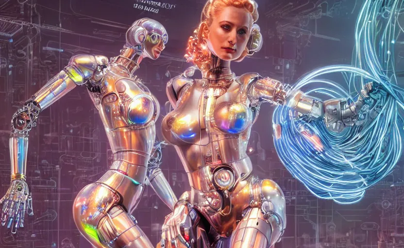 Prompt: beauty woman, robotic and wiring, surrounded by holograms, very detailed, dramatic lighting, detailed mechanical hands, electrical details, high details, 4k, 8k, trending on artstation, by Hajime Sorayama and Boris Vallejo