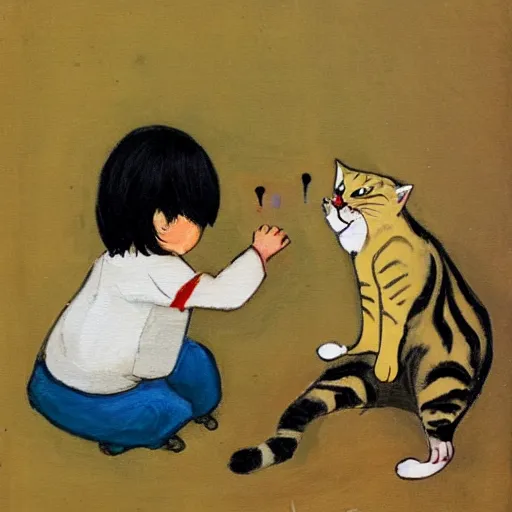 Image similar to a child attempts to hold an extremely angry cat, lowbrow painting by 奈 良 美 智