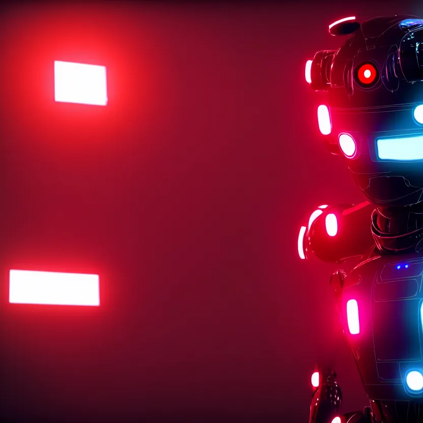 Prompt: a film still of a robot with red eyes playing video games, cool, photo, realistic, hd, intricate details, cyberpunk, dark, award - winning cinematic lighting, beautiful, 1 6 k