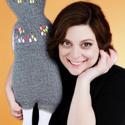 Prompt: rachel bloom hugging a person made out of socks, ultra detailed, 8 k resolution, ultrarealistic