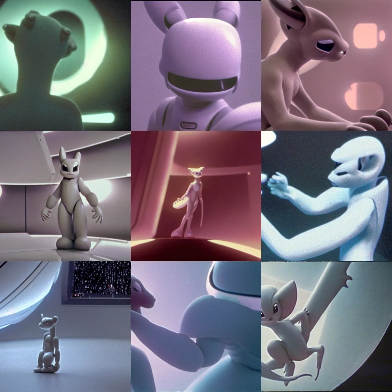 Prompt: a still of Mewtwo in 2001 a space odyssey by Stanley Kubrick